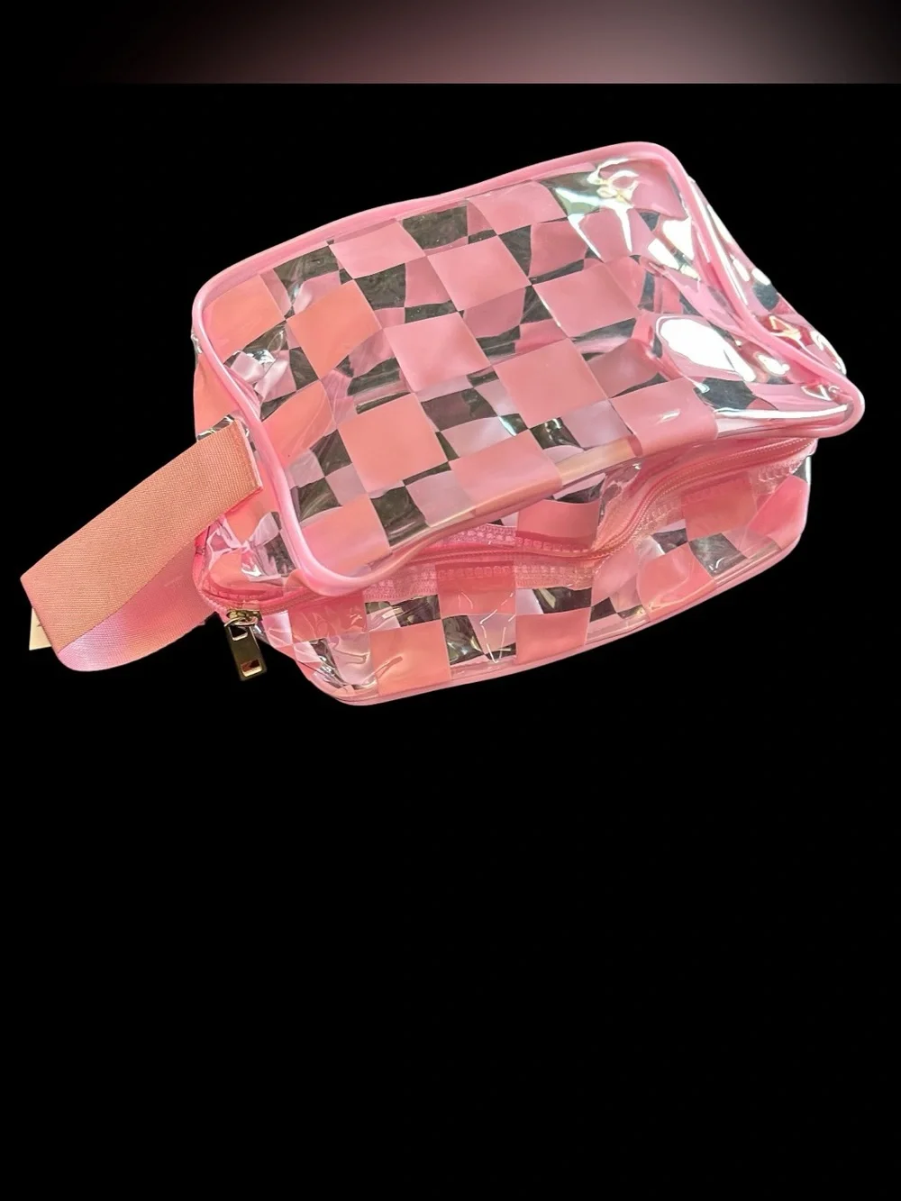 Clear Zippered Pouch Pink Checkered Transparent Cosmetic Case 8X6X4”